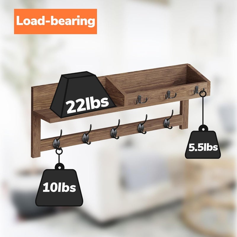 AMBIRD Wall Hooks with Shelf, 26.57 Inch Entryway Wood Coat Hooks for Wall with Shelf, Coat Rack Wall Mount with 5 Dual Hooks 3 Key Hooks Mail Organizer and Key Rack Holder (Brown) - Image 5
